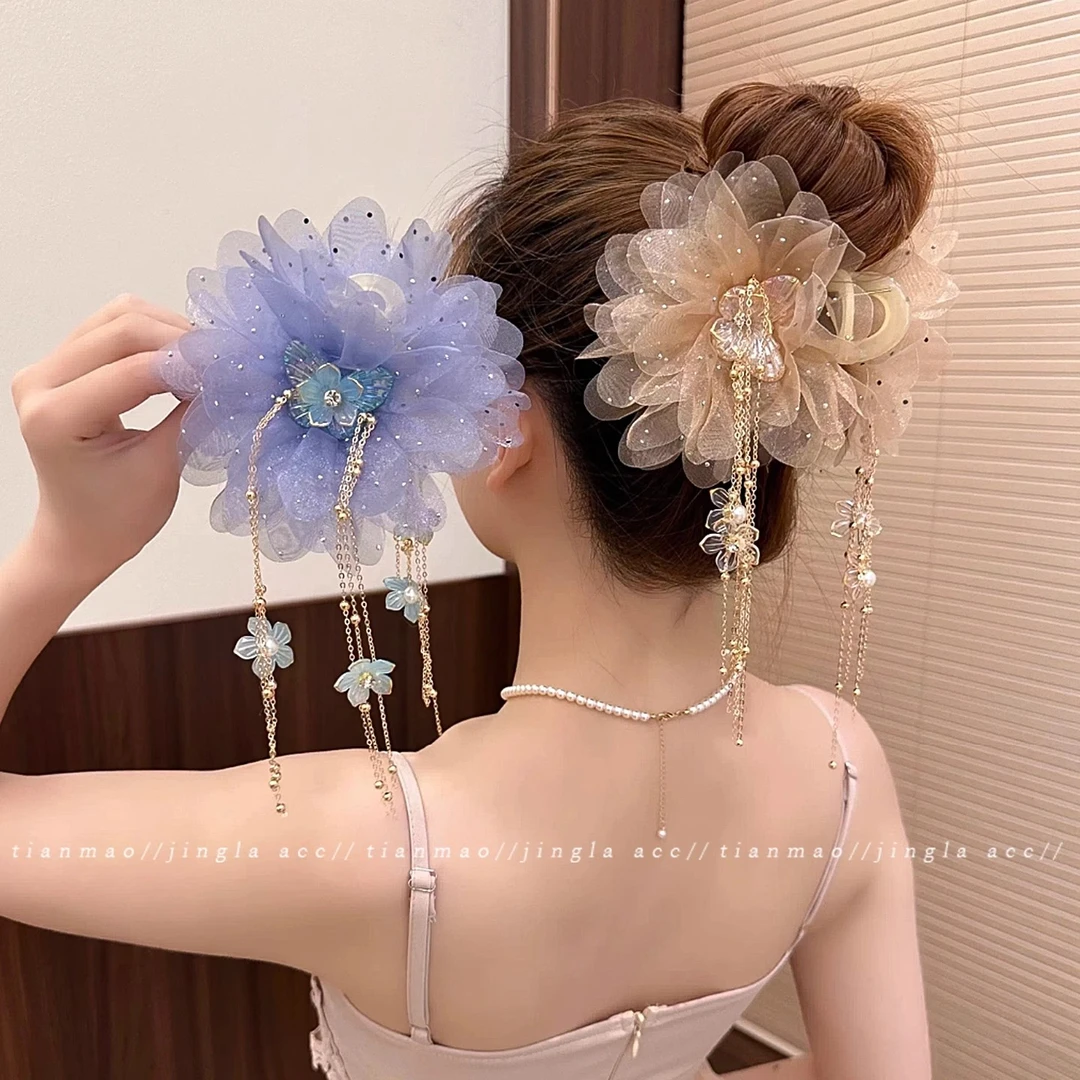 步步生莲新款蝴蝶发饰花朵流苏后脑勺抓夹感鲨鱼夹百搭头饰女