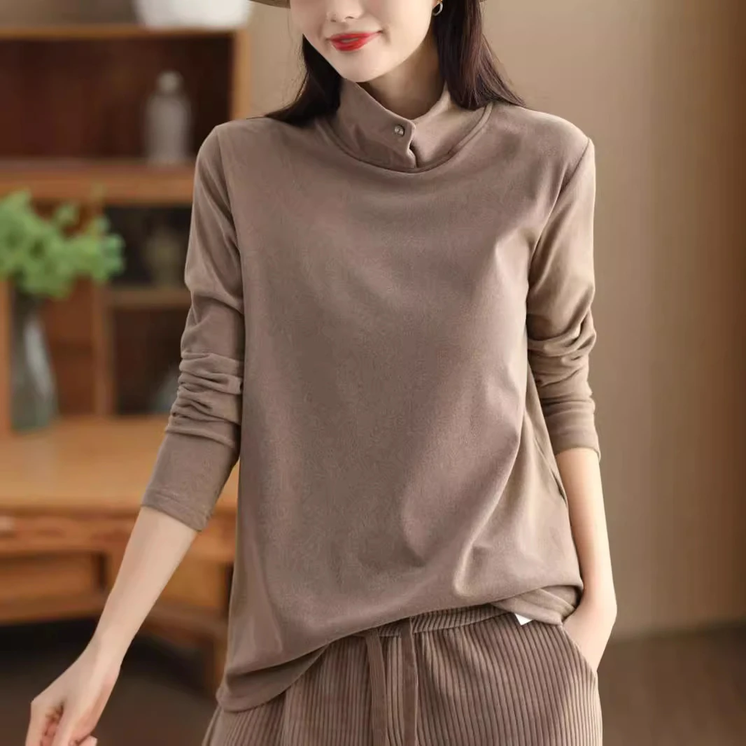 秋冬高领螺纹德绒新款打底宽松文艺大码保暖休闲百搭T恤长袖上衣