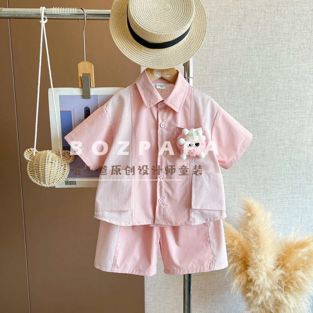 现货啵小爸【梦幻叙事】2025夏季男童韩系粉色拼接衬衫五分裤套装