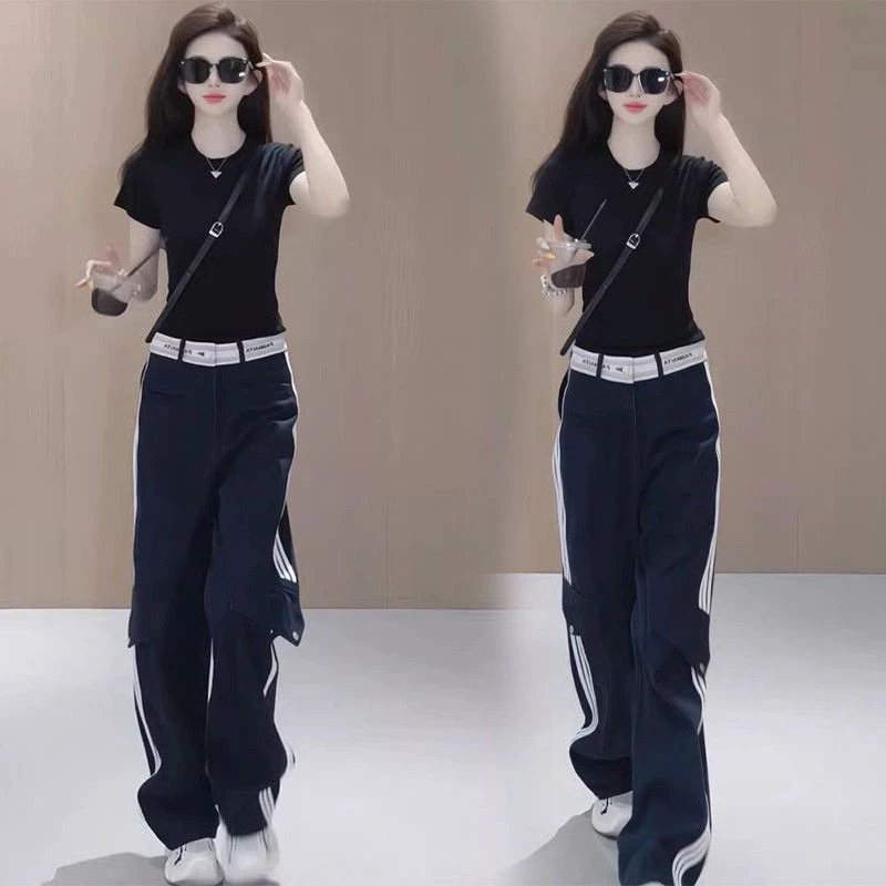 2025夏季新款时尚显瘦短袖T恤上衣女高级感三条杠直筒宽松阔腿裤