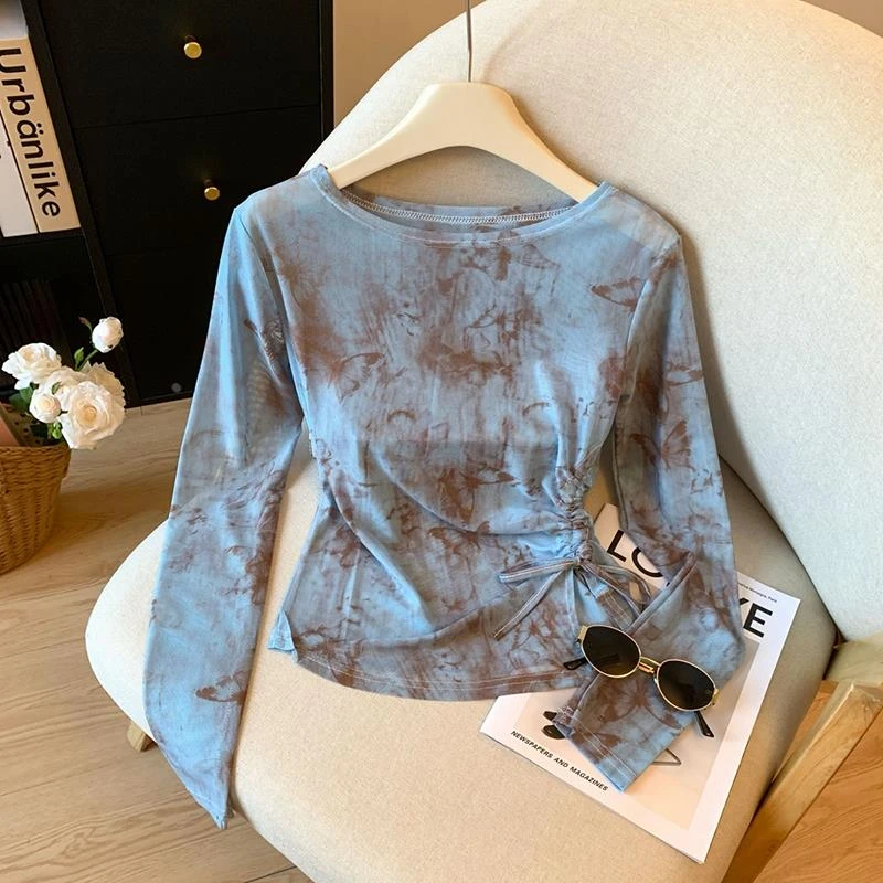 蓝色扎染防晒衣罩衫小上衣女夏季独特漂亮元气轻活风穿搭掐腰T恤