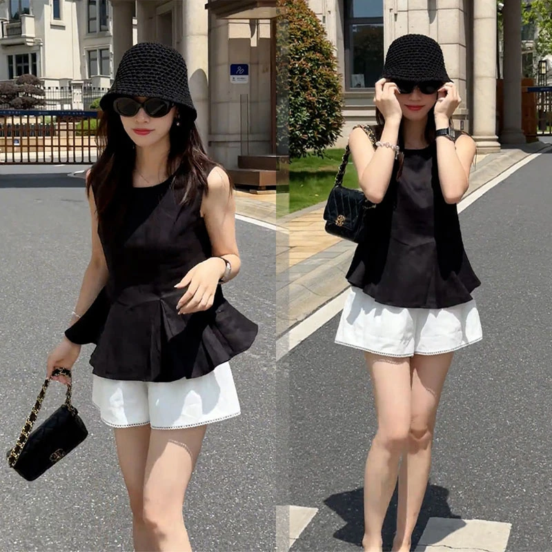 时尚轻熟风夏装洋气百搭小个子无袖背心上衣显瘦短裤网红爆款套装