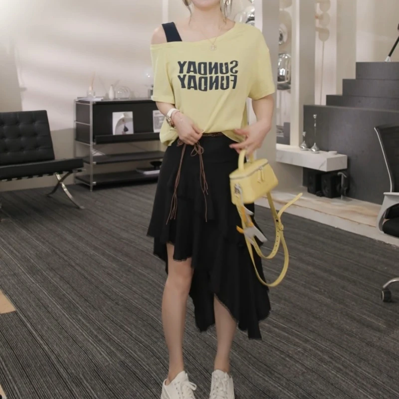【云裳叠雪】2025新款百搭T恤+休闲气质半身裙半裙套装LK2503629