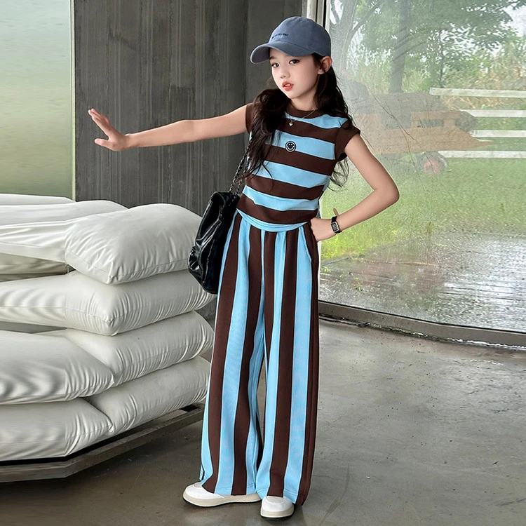 夏季条纹韩版少女风休闲风女童套装大童薄款条纹背心显瘦运动阔腿