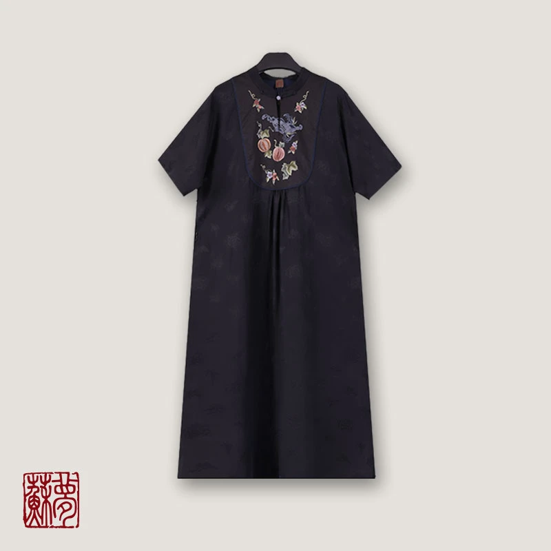 蘇夢【瓜瓞绵绵】香云纱蓝色手绣立领大袍0101536