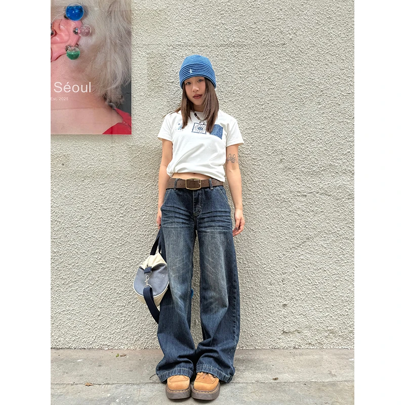 CCYE川川也美式复古低腰直筒牛仔裤宽松休闲拖地长裤水洗街头裤子