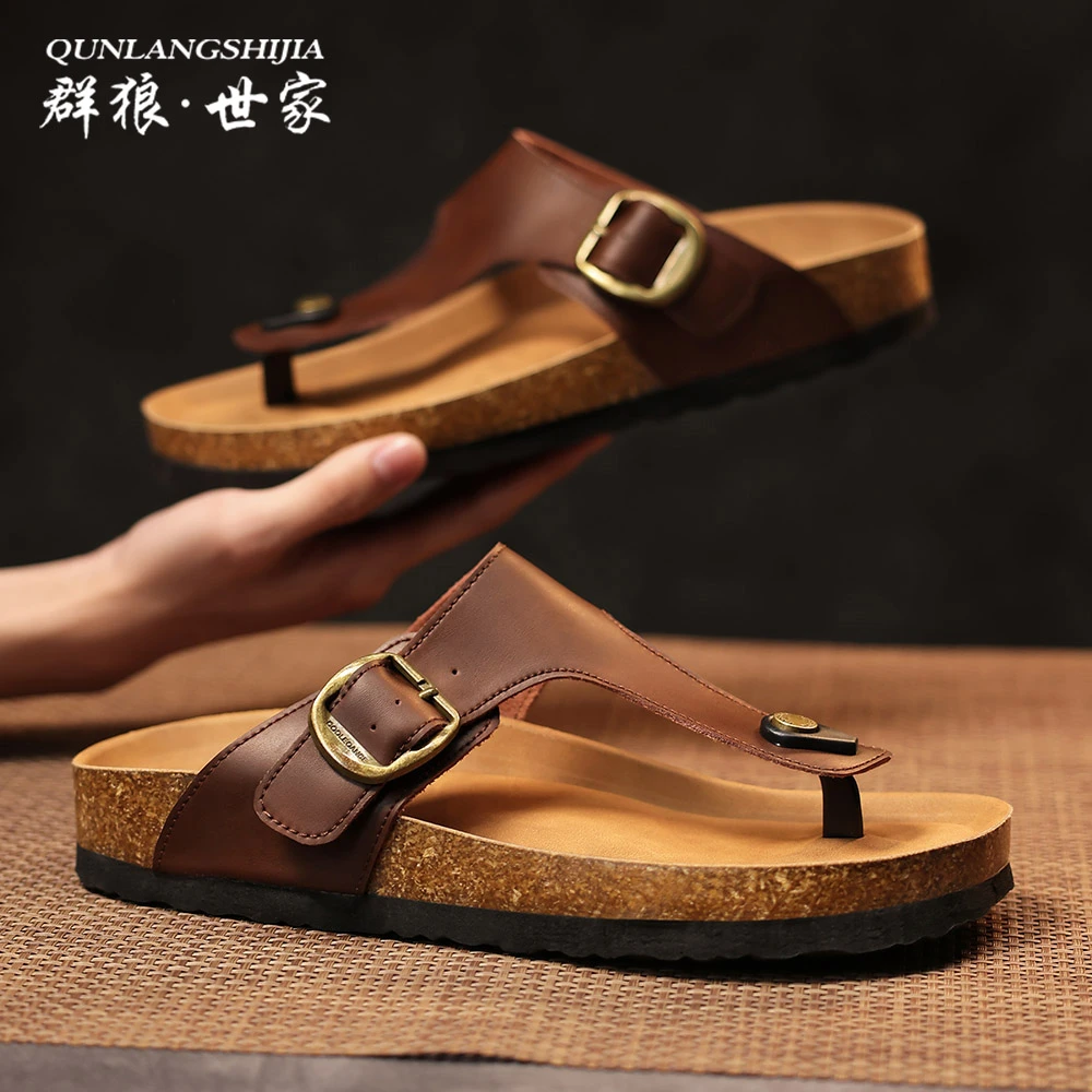 群狼·世家沙滩人字拖潮流夏季厚底夹脚防滑男士外穿软木底凉拖