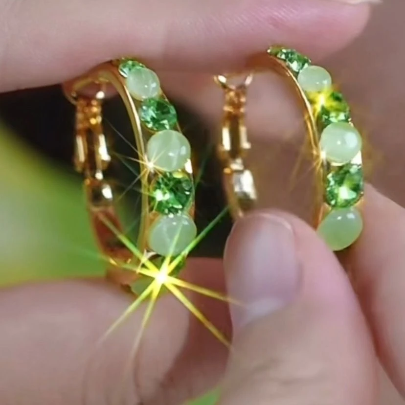 铜合金合成锆石耳饰 原创设计甜美女拼色绿色耳环轻奢复古圈-654