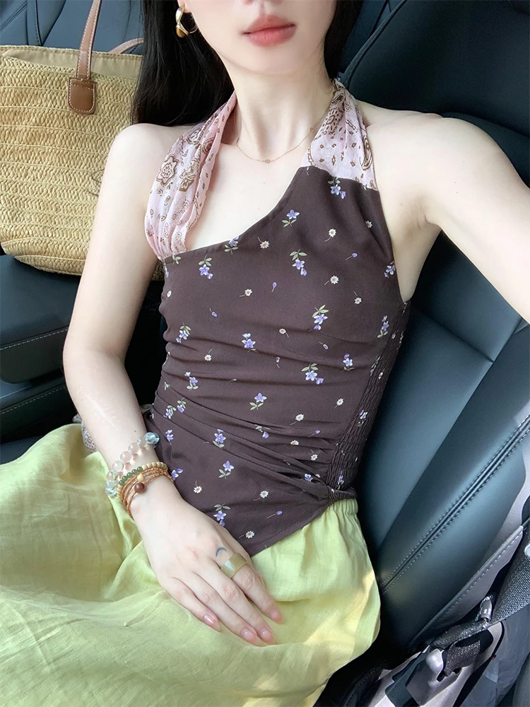 纯欲风碎花飘带露背挂脖吊带背心女夏外穿不规则修身辣妹无袖上衣