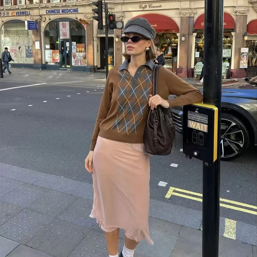 【棕色领英】厚款针织长袖格纹极简风毛针织衫显瘦网红毛衣减龄