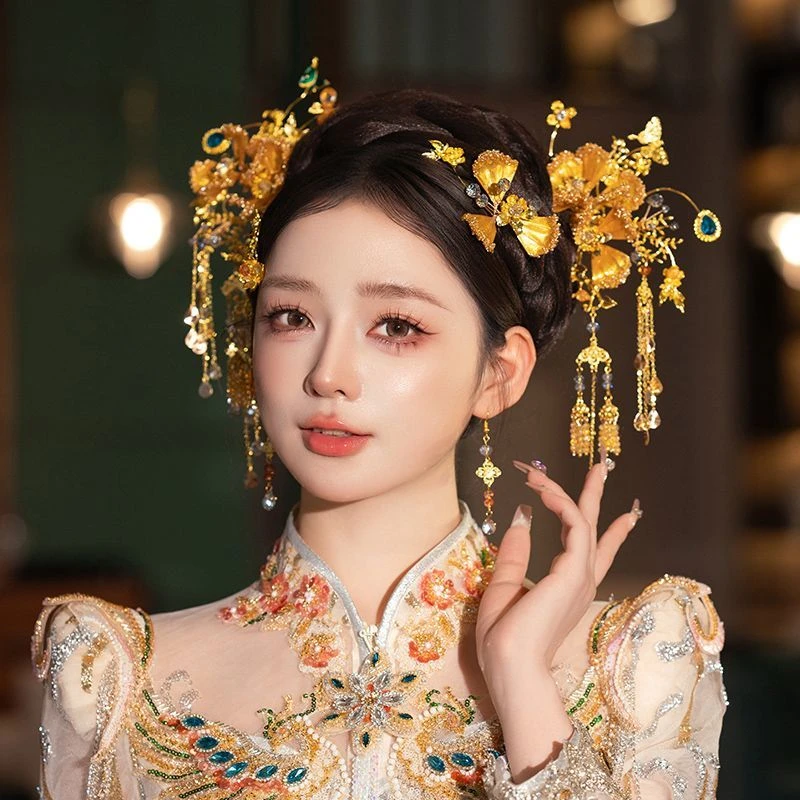 G349中式金色秀禾头饰精致减龄流苏发簪新娘婚嫁秀禾龙凤褂发饰品
