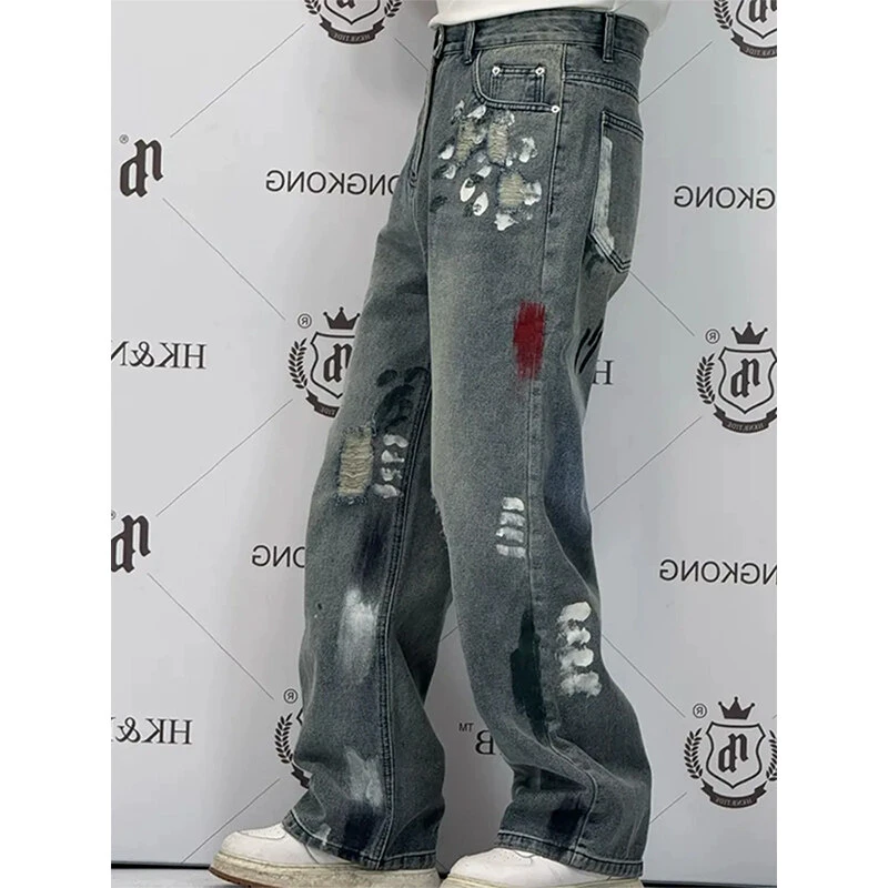 泼墨涂鸦直筒牛仔裤男夏季美式hiphop裤子破洞痞帅设计感阔腿长裤