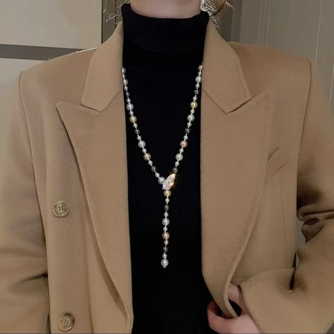时尚精致百搭串珠优雅珍珠长款项链秋冬毛衣链仿珍珠材质