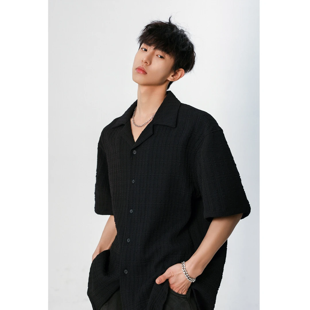 肌理感冰丝短袖衬衫男夏季薄款古巴领衬衣潮牌百搭痞帅高级感上衣