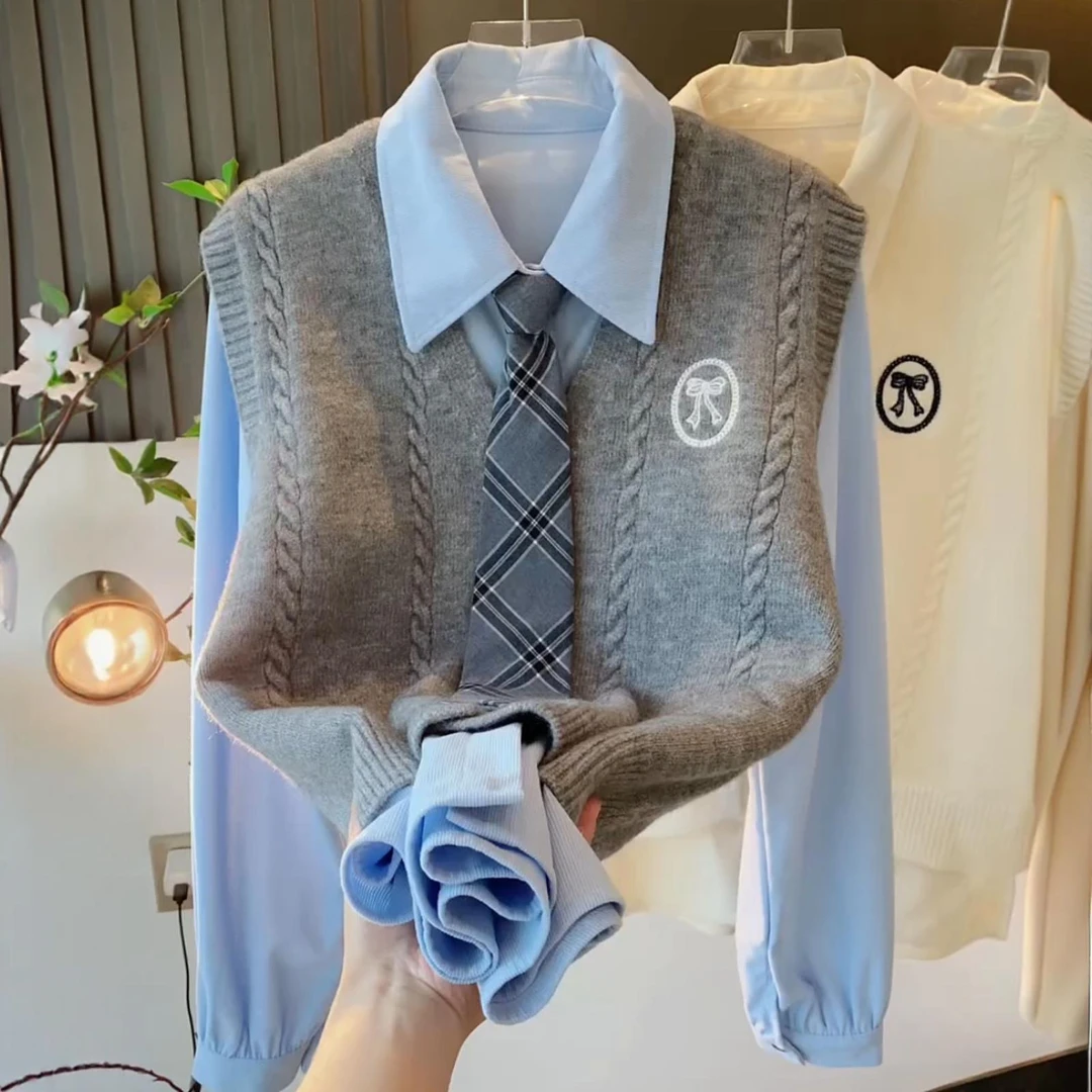 秋冬套装女学生韩版宽松学院风长袖衬衫+针织毛衣马甲背心两件套
