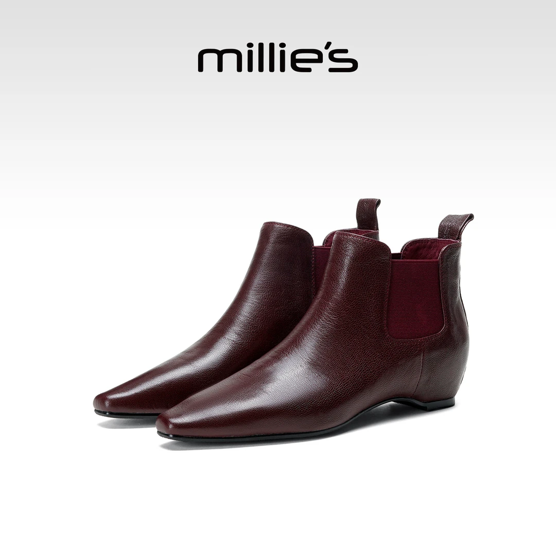 MILLIE'S/妙丽2025新款欧美风尖头粗跟短靴女复古轻便切尔西靴