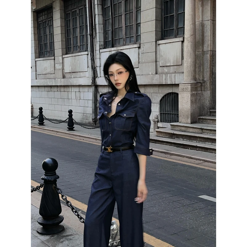 Vicky薇薇【静奢旅途】法式复古蓝色牛仔衬衫春秋小众设计通勤上衣