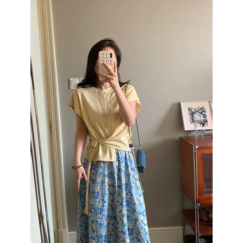 花总吖【解构式】小众设计感不规则下摆系带短袖T恤R425X08259