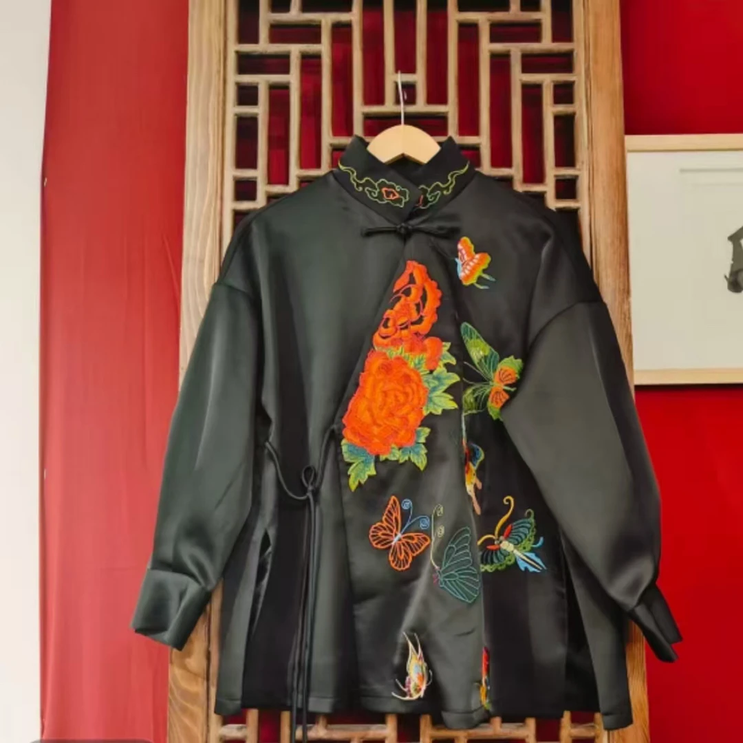 （LS138-2）凤徕兮私人定制黑色光板底牡丹花刺绣斜襟系带上衣