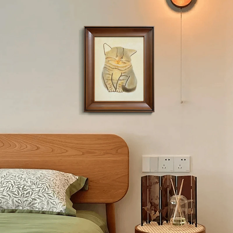 u作【招财猫】手工油画中古风原木风奶油风儿童房装饰画卧室挂画