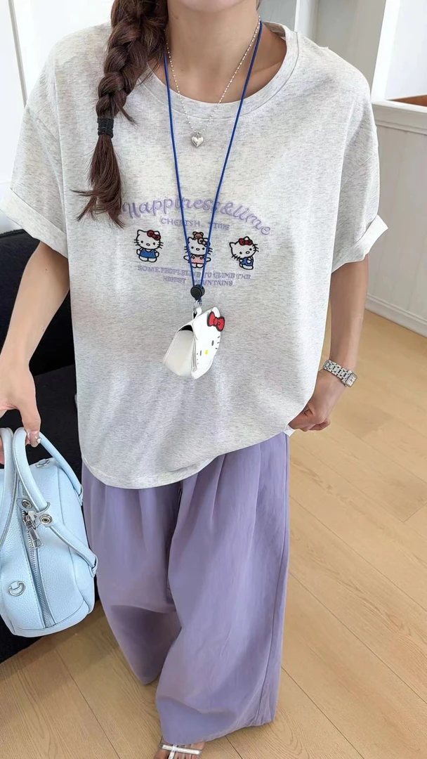 KT猫雪花棉夏季圆领字母刺绣短袖休闲时尚百搭简单款凉快半袖T恤