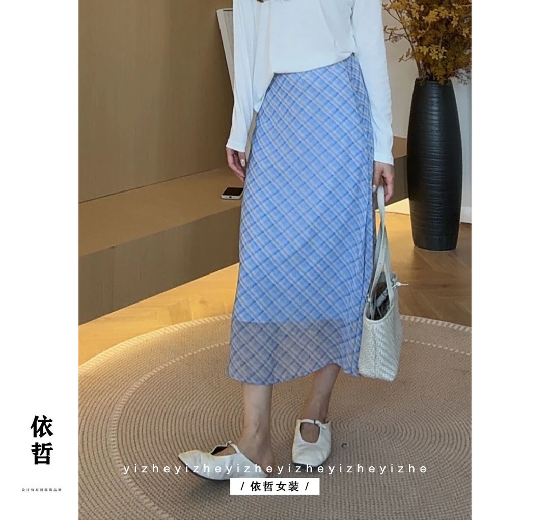 “”蓝色飘逸A字裙“”Z522长款女蓝色春夏装高腰显瘦时尚A字裙夏季