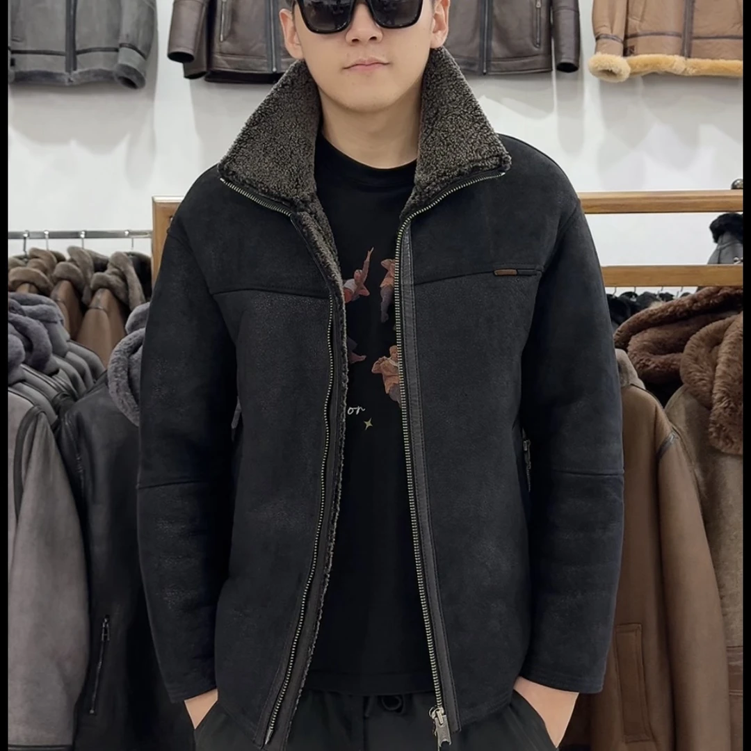 男士真皮原生态皮毛一体重工水洗双色立翻领羊皮羊毛冬季保暖外套