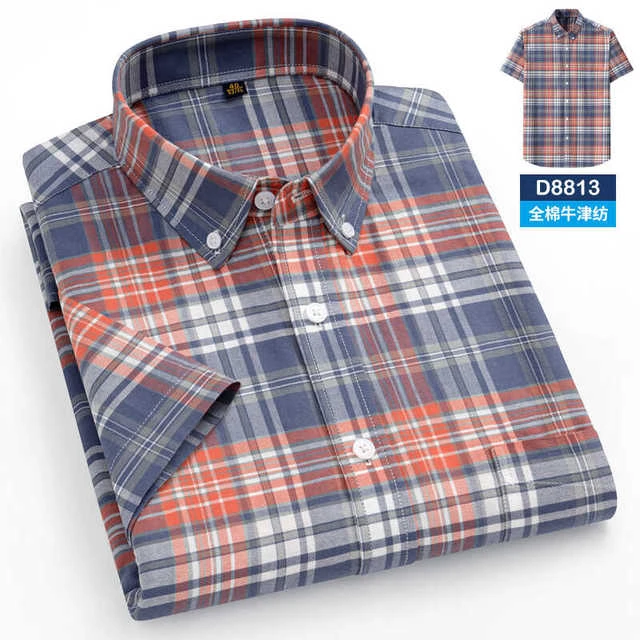 保罗夏季棉牛津纺粉色格子衬衫男商务免烫衬衣休闲短袖上衣