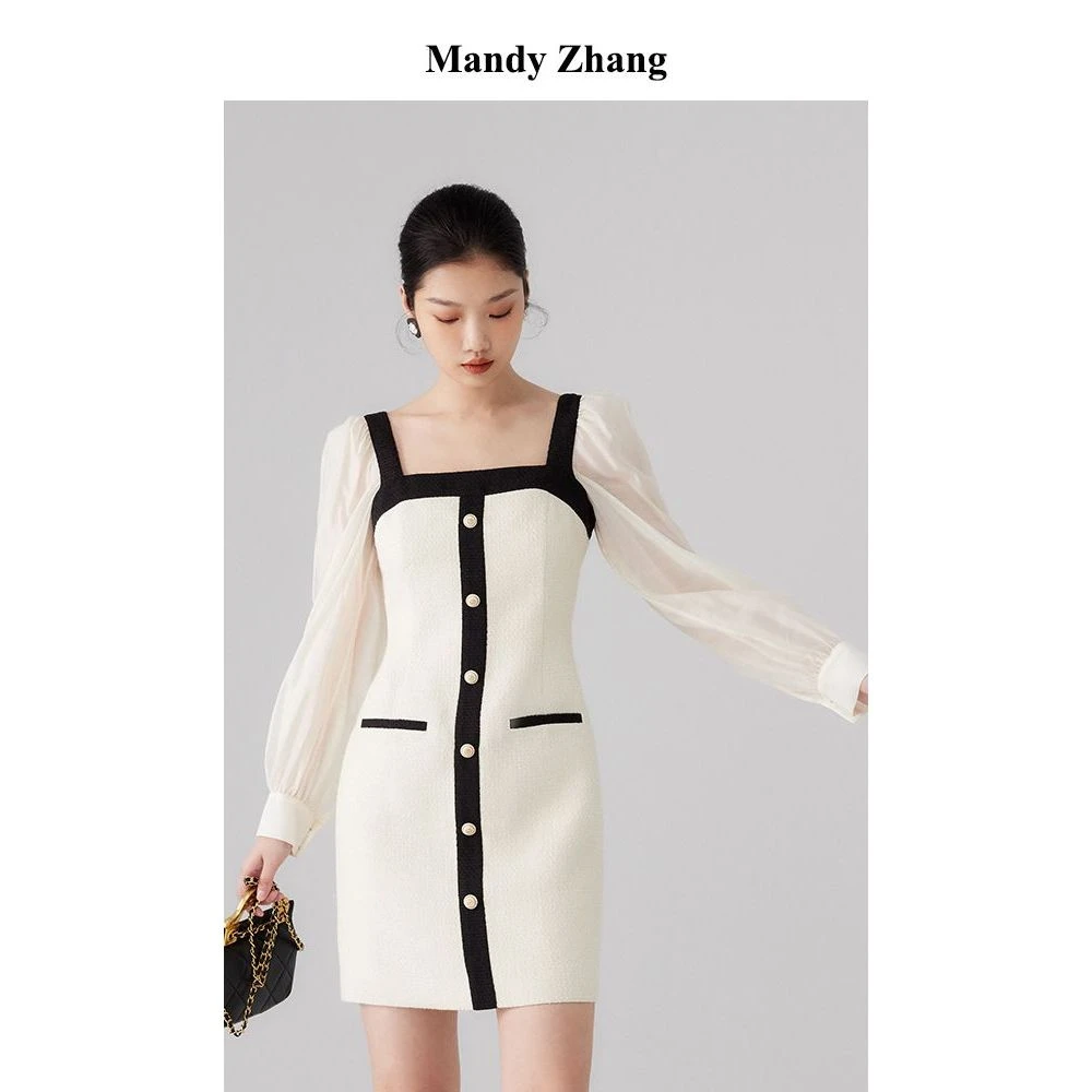 【诗语专属】MandyZhang方领连衣裙女赫本风小众别致高级感裙子