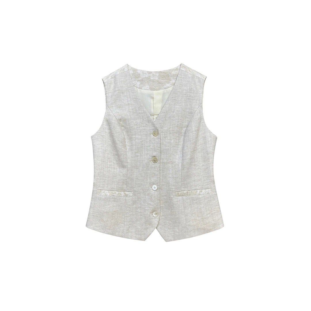 【自然魅力】时尚气质显瘦休闲百搭亚麻拼接提花无袖马甲# 511030