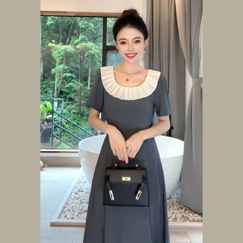 法式撞色褶皱花瓣领连衣裙子女夏季2025年新款设计感时尚气质长裙