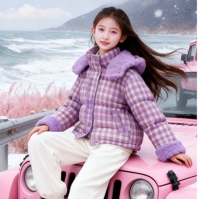 女童加厚格子棉服冬季2025新款儿童连帽棉衣韩版女孩加绒外套洋气