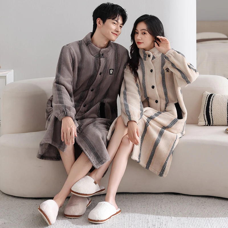 情侣睡袍女款冬季珊瑚绒浴袍男士法兰绒秋冬款睡衣家居服加绒加厚