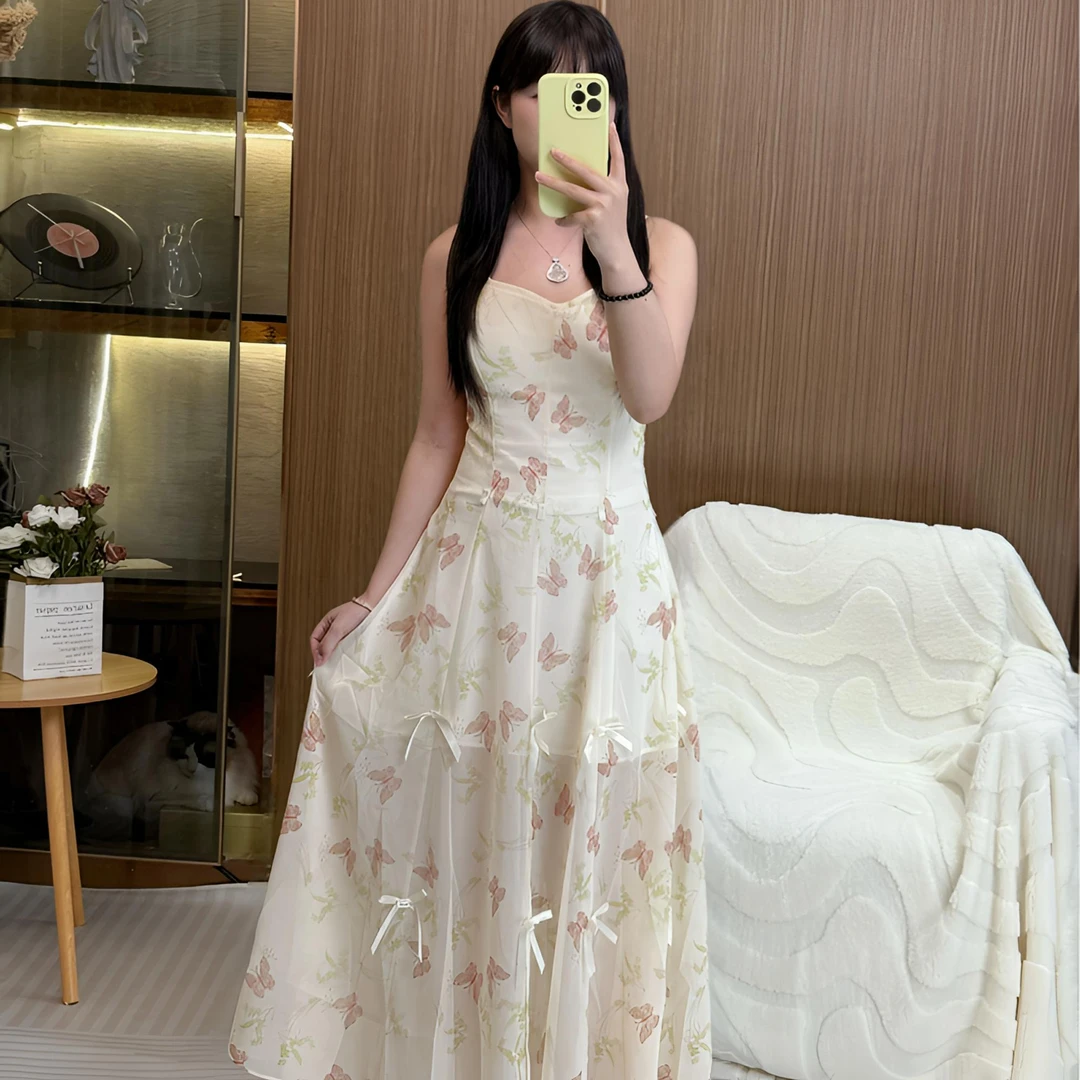 一裙多穿花瓣褶皱立花朵碎花长款修身连衣裙长裙裙子女2025新