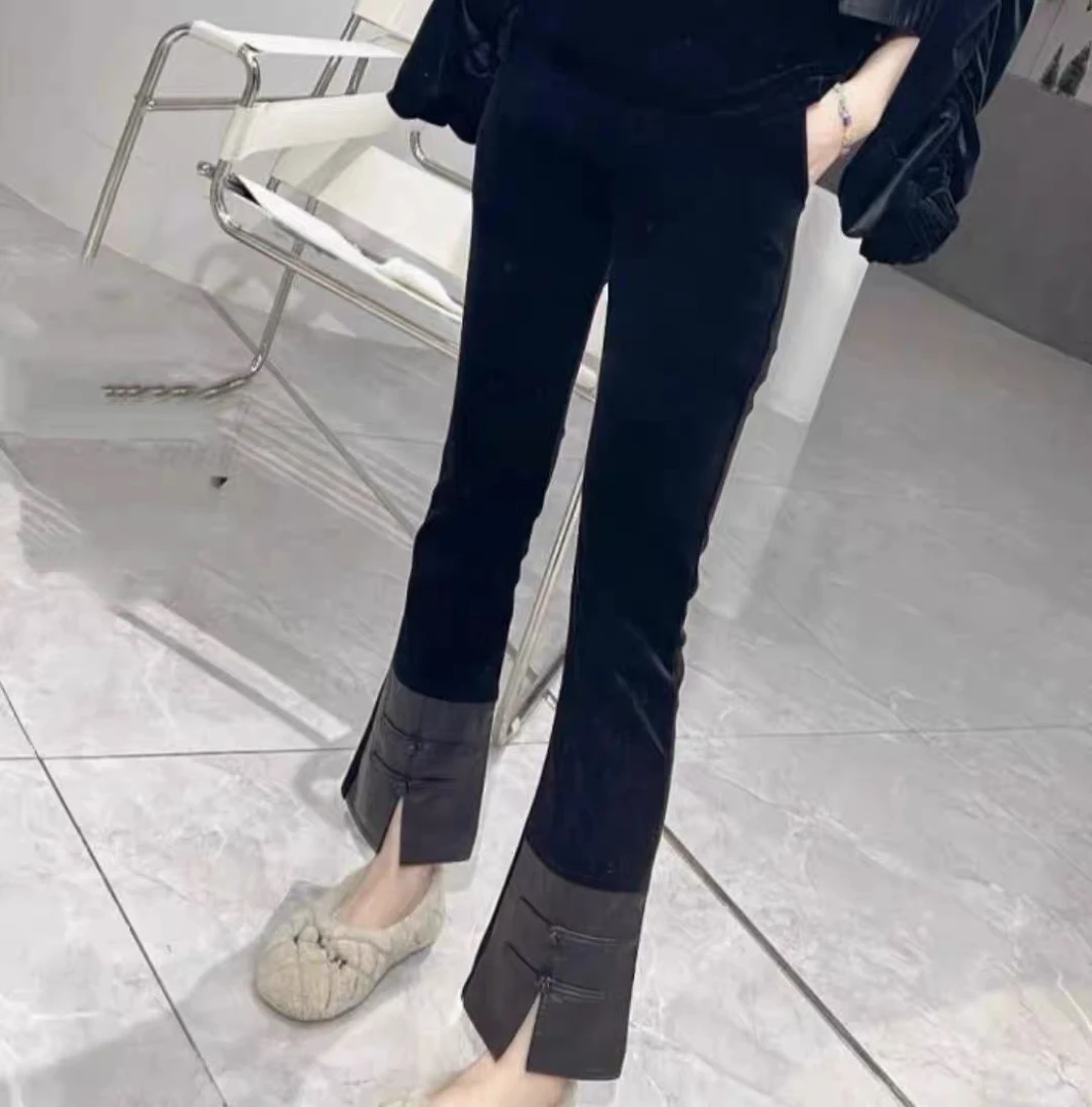 金丝绒品皮烟管裤九分显瘦窄版直筒裤