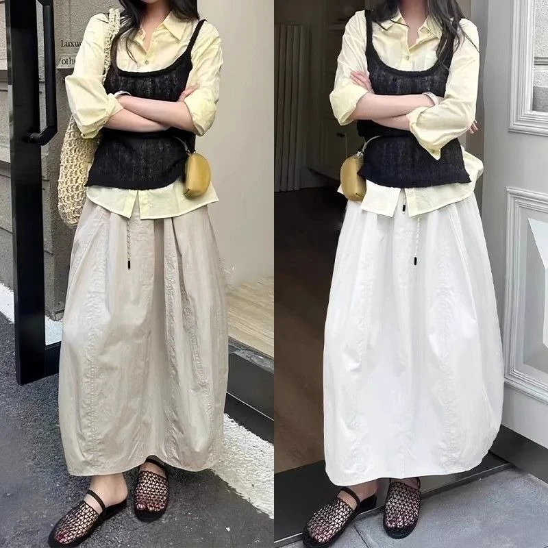 夏薄新款半身裙女休闲风山系工装裙长款a字伞裙日系小个子南瓜裙