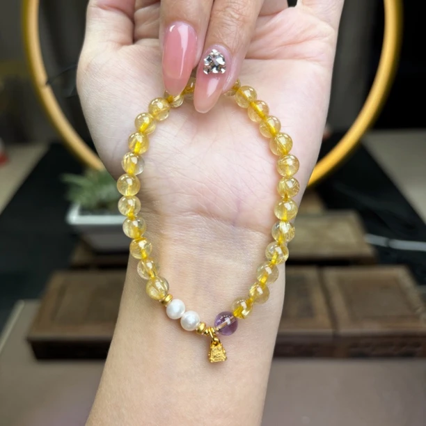 天然金发晶手串搭配淡水珍珠事业学业简约气质招财转运闺蜜手链