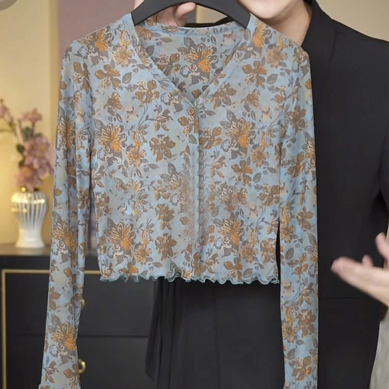 2025【繁花若璃】短款夏季高级感优雅气质印花开衫女木耳边长袖上衣
