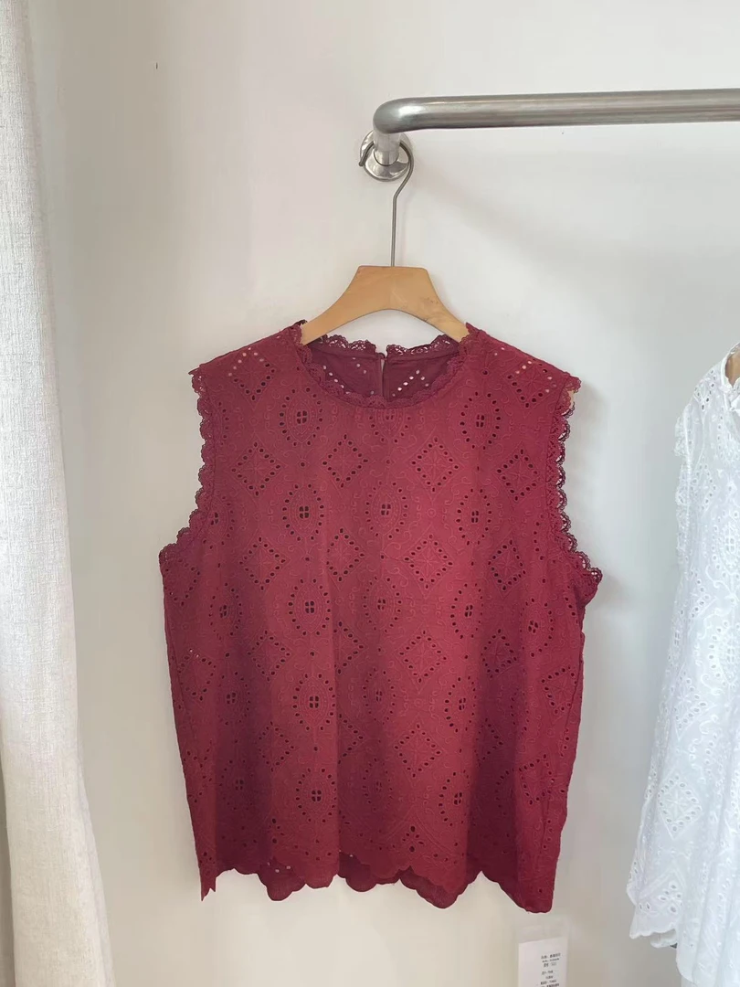 红色蕾丝镂空刺绣无袖衬衫女夏季别致洋气上衣