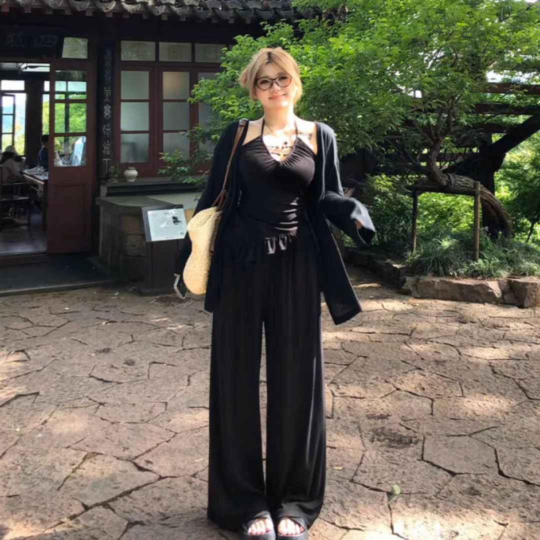 元元子专属舒眠装冰凉垂感三件套女微胖大码休闲显瘦套装