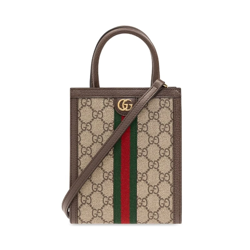 GUCCI/古驰 女士米色乌木色帆布皮革印花迷你手提包 单肩 经典