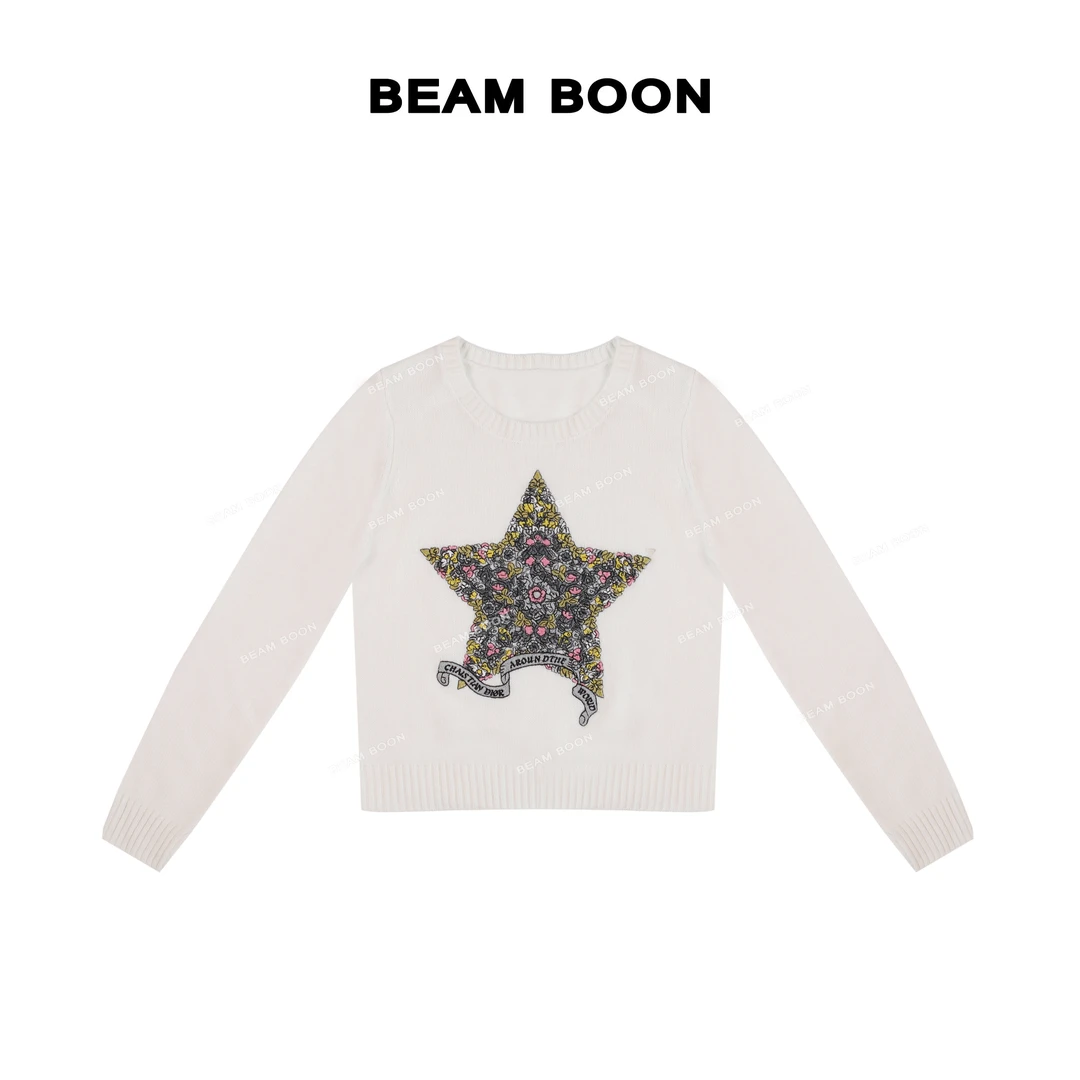 【繁花星闪】重工刺绣五角星超细软糯绵羊毛圆领针织毛衣