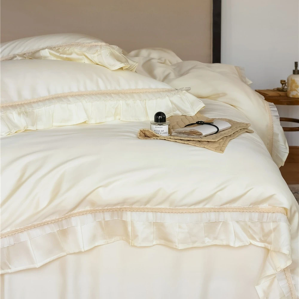 2025新款法式兰精天丝纯色花边四件套轻奢简约少女心床品丝滑套件