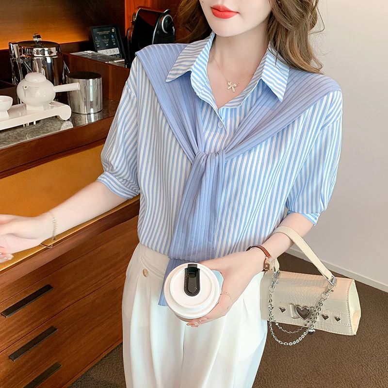 复古竖条纹假两件衬衫短袖衬衣8131