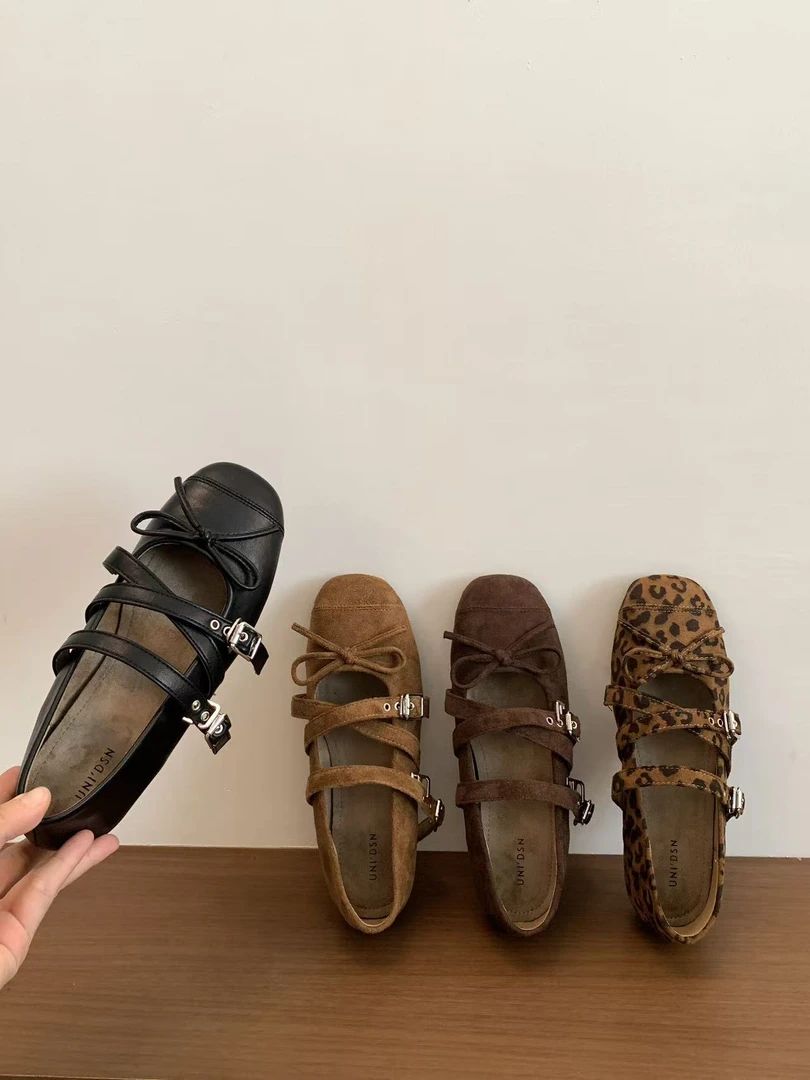 复古法式玛丽豹纹鞋绑带2025新款秋季平底方头软底芭蕾舞女鞋单鞋