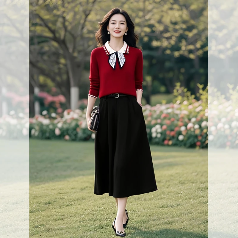 针织厚款长袖秋季通勤风毛针织衫洋气时尚富家千金风套装