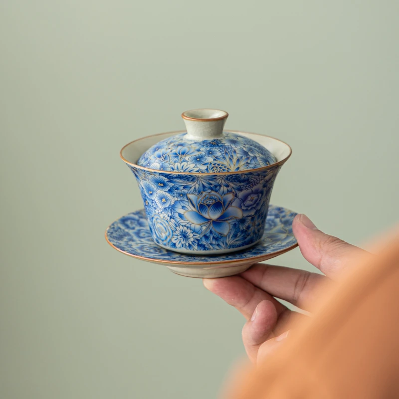 汝窑青花开片可养功夫茶具家用办公悬停盖碗茶杯中式复古瓷盖碗
