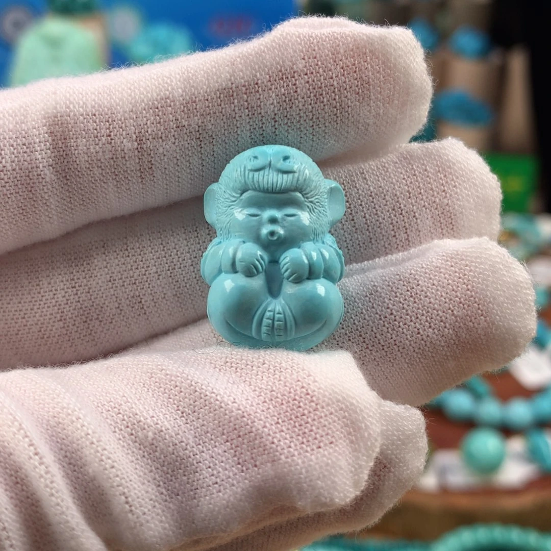 绿松石未镶嵌珠宝奇石高瓷蓝嘟嘟猴15.7*22.8mm