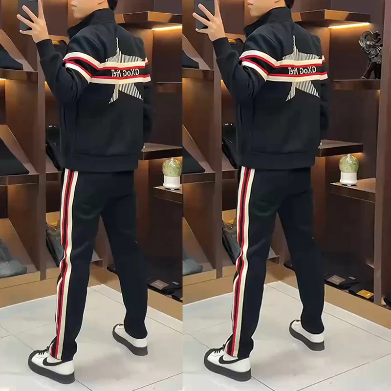 春秋新款休闲运动套装男韩版高品质彩条织带宽松夹克束脚裤两件套