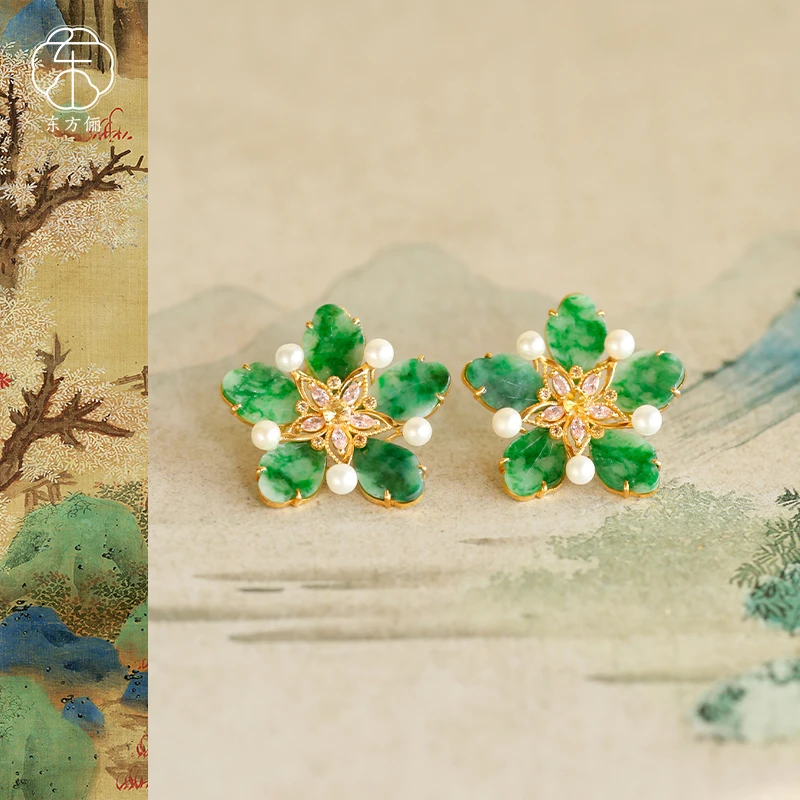 东方俪DOFUNLY【恋雨夜】翡翠雪花耳钉18K金高级感FCED空谷